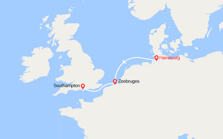 Carte itinéraire croisière De Hambourg à Southampton