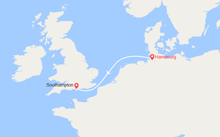 Carte itinéraire croisière De Hambourg à Southampton