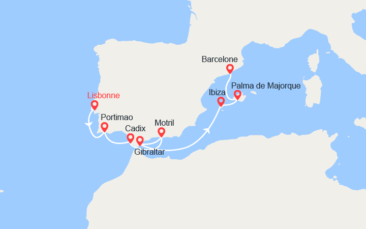 Carte itinéraire croisière De Lisbonne à Barcelone : Portugal, Espagne, Gibraltar, Baléares