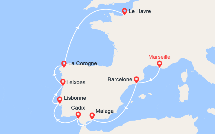 Carte itinéraire croisière De Marseille au Havre : Espagne, Portugal