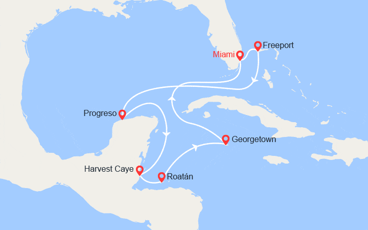 Carte itinéraire croisière De Miami aux Caraïbes : Freeport, Progreso, Harvest Caye, Roatán