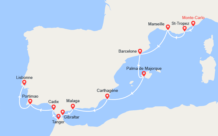 Carte itinéraire croisière De Monte-Carlo à Lisbonne : Espagne, Gibraltar et Maroc