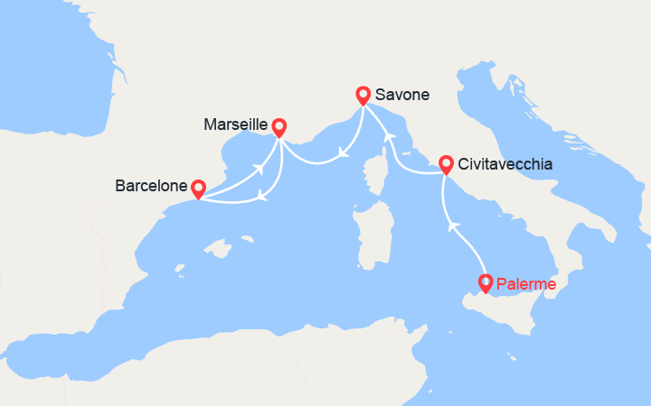 Carte itinéraire croisière De Palerme à Marseille