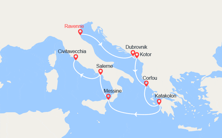 Carte itinéraire croisière De Ravenne à Civitavecchia : Croatie, Monténégro, Corfou, Grèce Sicile, Italie