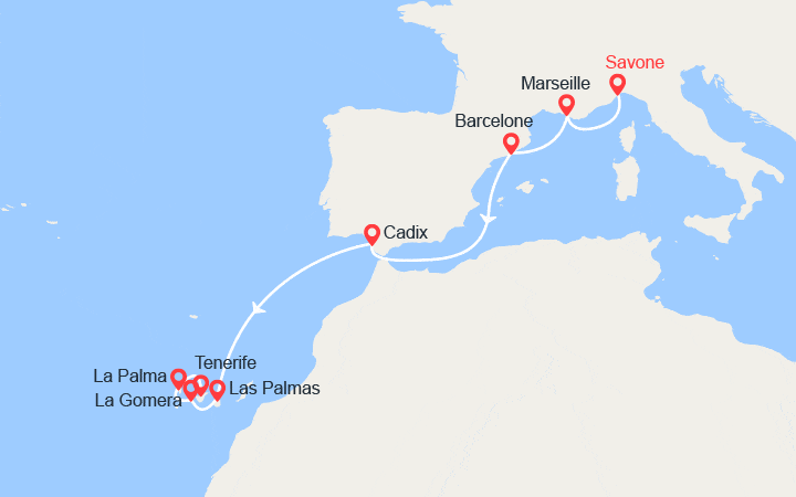 Carte itinéraire croisière De Savone à Santa Cruz de Tenerife : Espagne & Iles Canaries