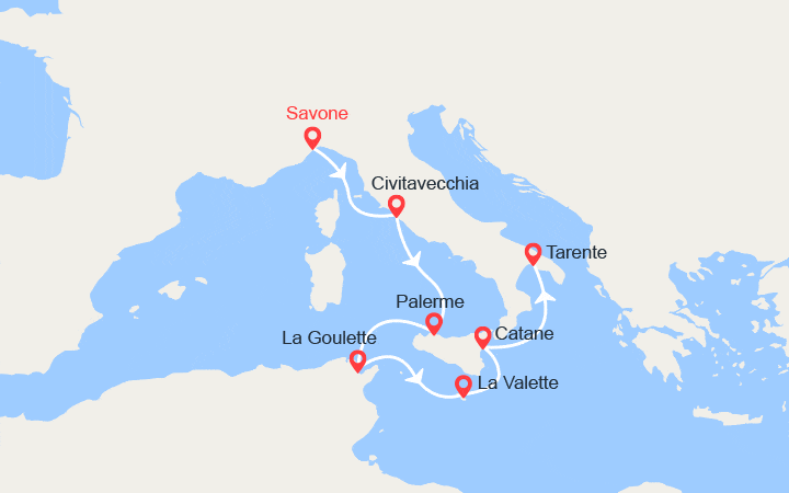 Carte itinéraire croisière De Savone à Tarente