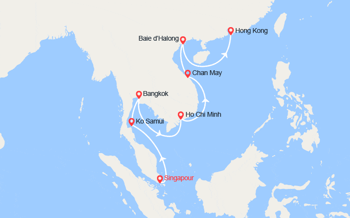 Carte itinéraire croisière De Singapour à Hong Kong par la Thaïlande et le Vietnam