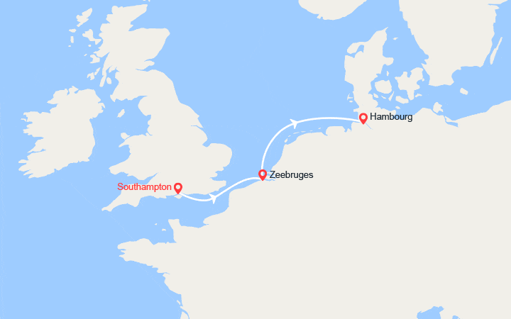 Carte itinéraire croisière De Southampton à Hamburg