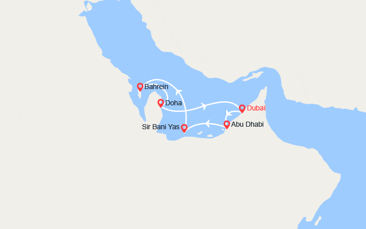 Carte itinéraire croisière Désert Fantastique : Abu Dhabi, SirBaniYas, Bahrain, Doha..