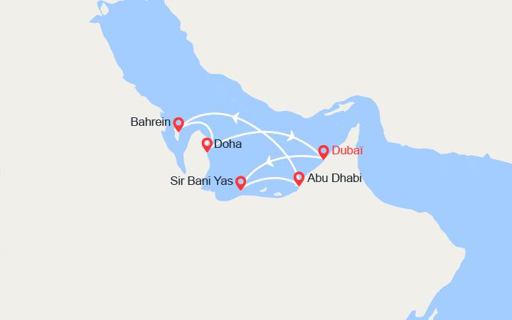 Carte itinéraire croisière Désert Fantastique : Dubaï, Sir Bani Yas, Bahreïn, Doha