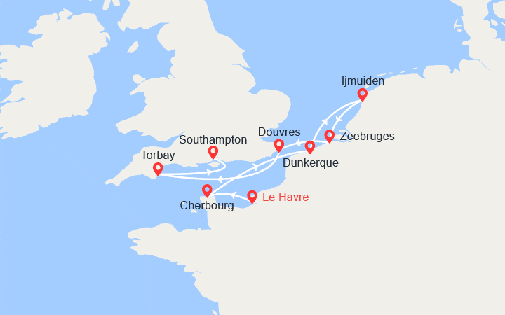 Carte itinéraire croisière Du Havre à Londres : Normandie, Pays-Bas, Belgique, Angleterre