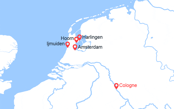 Carte itinéraire croisière e Rhin : Cologne, Amsterdam, IJsselmeer