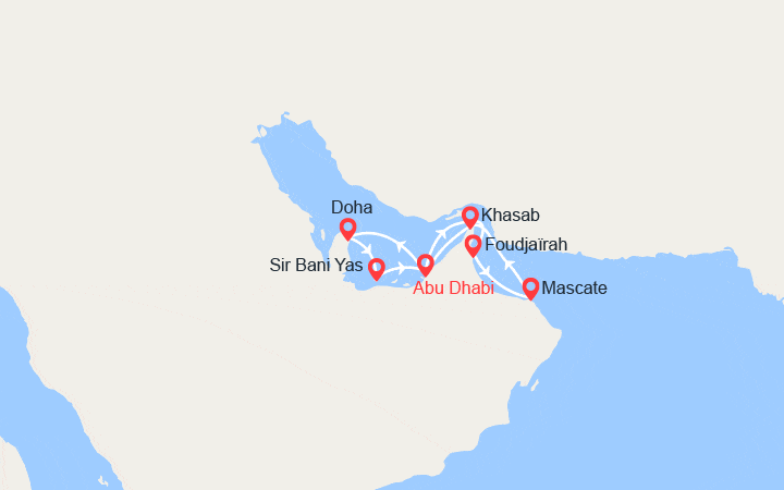 Carte itinéraire croisière Emblématique Golfe Persique en 8 jours au départ d'Abu Dhabi