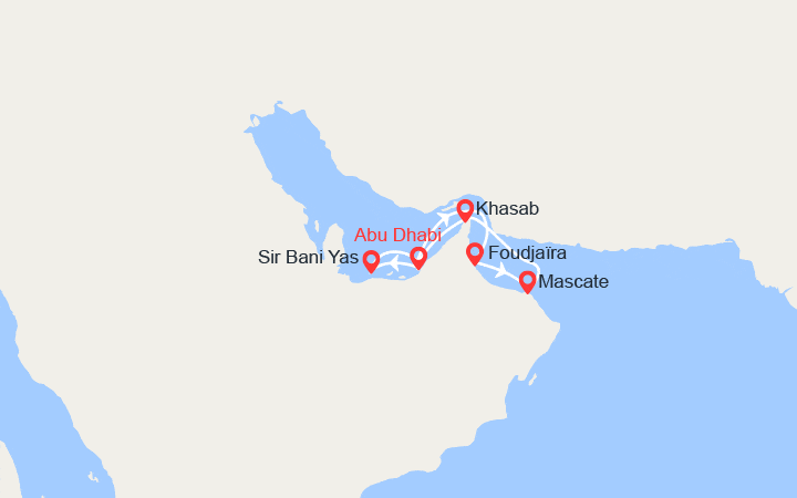 Carte itinéraire croisière Emblématique Golfe Persique en 8 jours au départ d'Abu Dhabi