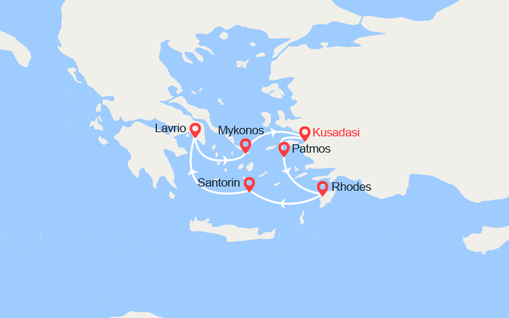 Carte itinéraire croisière Emblématique Iles Grecques en 5 jours au départ de Kusadasi