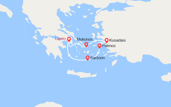 Carte itinéraire croisière Emblématique mer Egée en 4 jours