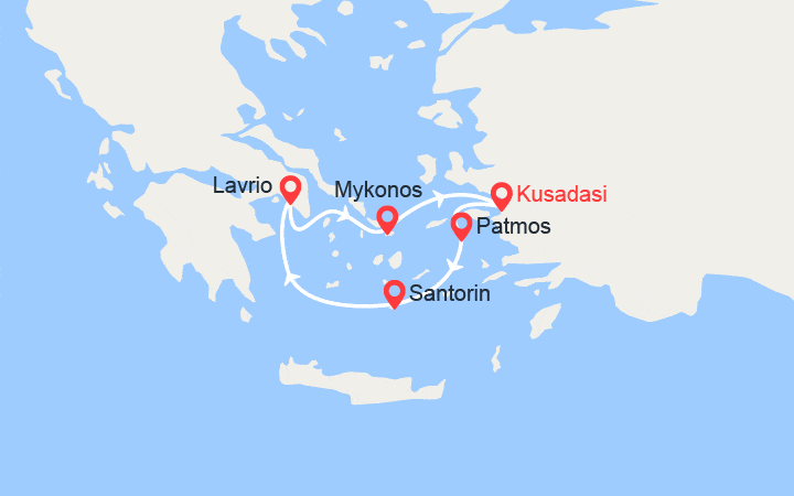Carte itinéraire croisière Emblématique mer Egée en 4 jours au départ de Kusadasi