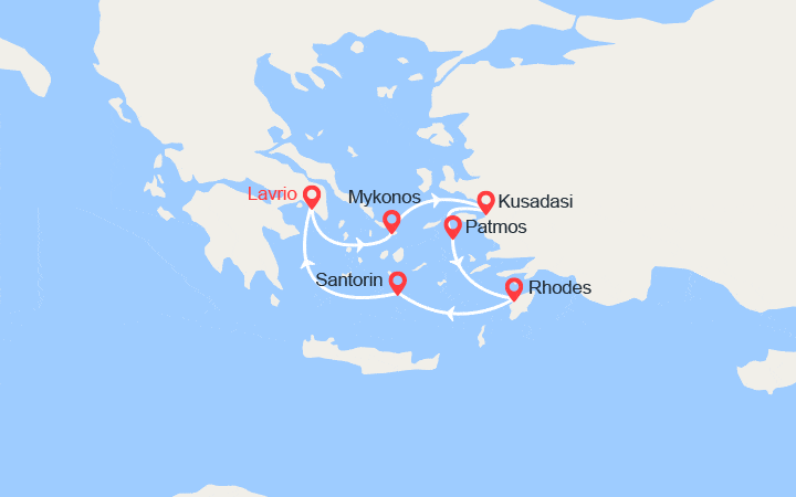 Carte itinéraire croisière Emblématique Mer Égée en 5 jours au départ de Lavrio