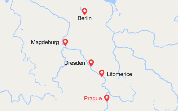 Carte itinéraire croisière Entre Prague et Berlin, les plus belles escales de la Moldau et de l'Elbe (PGB_PP)
