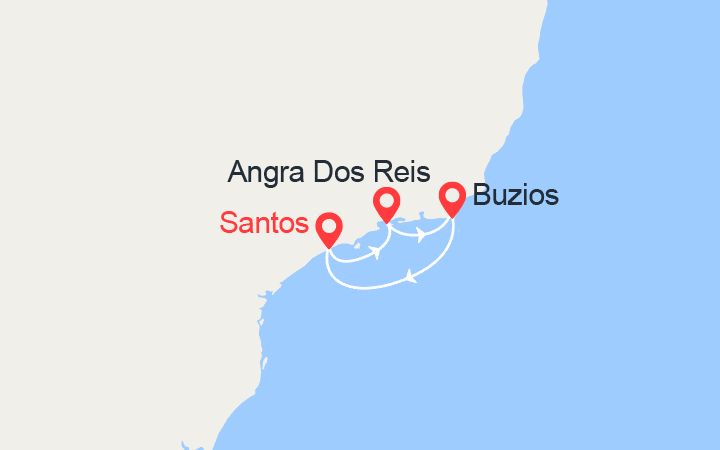 Carte itinéraire croisière Escapade au Brésil : Santos, Angra dos Reis, Buzios