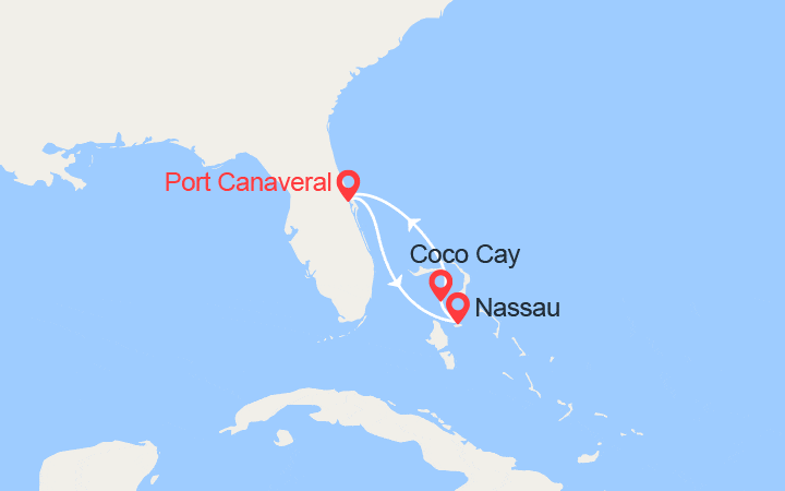 Carte itinéraire croisière Escapade aux Bahamas : Nassau et CocoCay