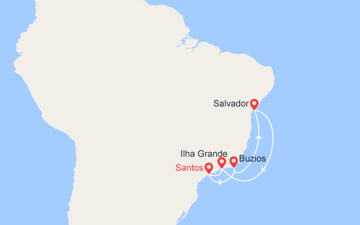 Carte itinéraire croisière Escapade Brésilienne: Santos, Buzios, Salvador, Ilha Grande