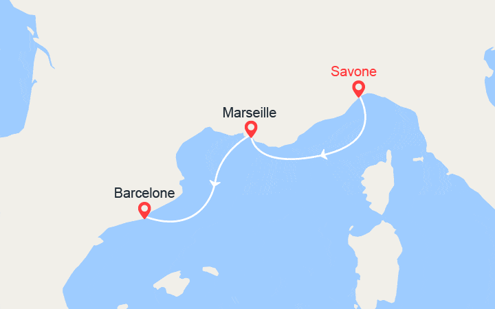 Carte itinéraire croisière Escapade en Méditarranée : de Savone à Barcelone