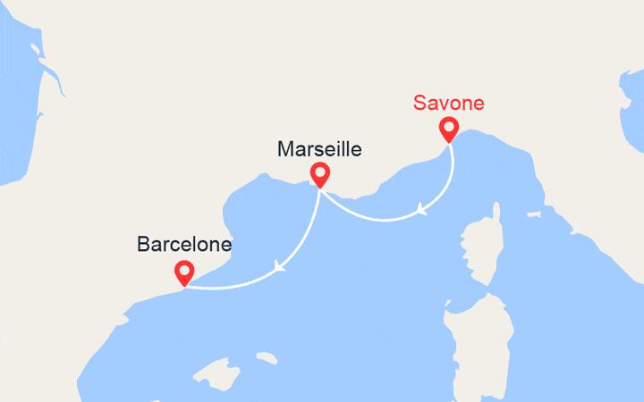 Carte itinéraire croisière Escapade en Méditarranée : de Savone à Barcelone