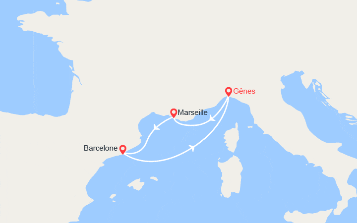 Carte itinéraire croisière Escapade en Méditerranée : de Gênes à Barcelone