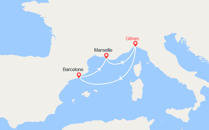 Carte itinéraire croisière Escapade en Méditerranée : Espagne, Provence