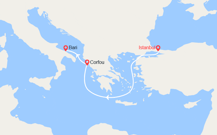 Carte itinéraire croisière Escapade en Méditerranée : Istanbul, Corfou, Bari