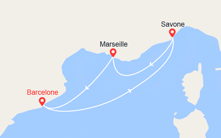Carte itinéraire croisière Escapade en Méditerranée : Italie, Provence, Espagne