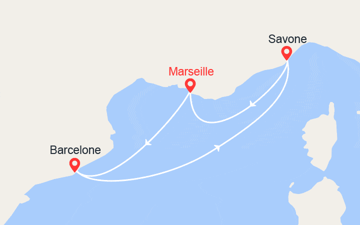 Carte itinéraire croisière Escapade en Méditerranée : Italie, Provence, Espagne