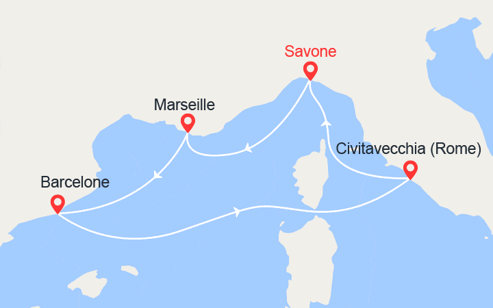 Carte itinéraire croisière Escapade en Méditerranée : Italie, Provence, Espagne