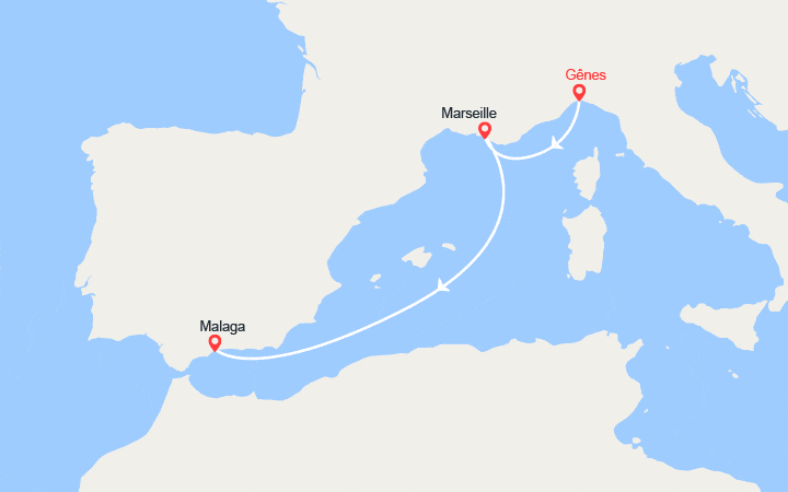 Carte itinéraire croisière Escapade en Méditerranée : Italie, Provence, Espagne