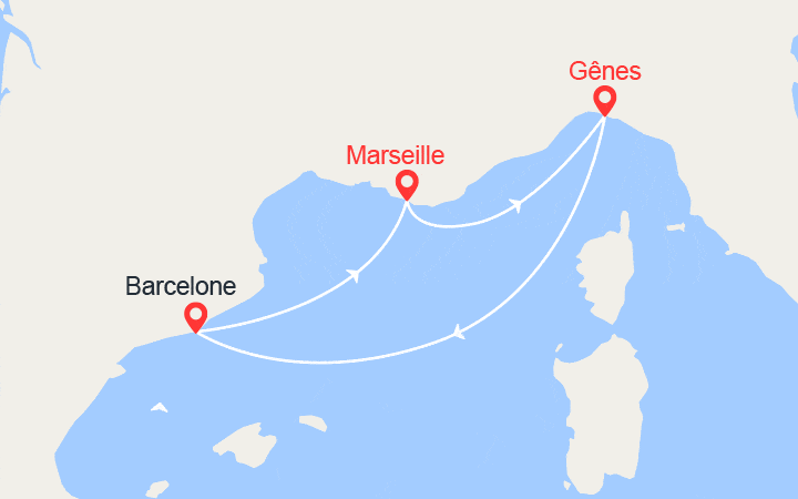 Carte itinéraire croisière Escapade en Méditerranée : Marseille, Gênes, Barcelone