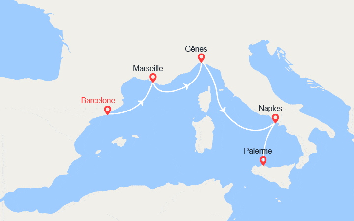 Carte itinéraire croisière Escapade en Méditerranée : Provence, Espagne, Italie