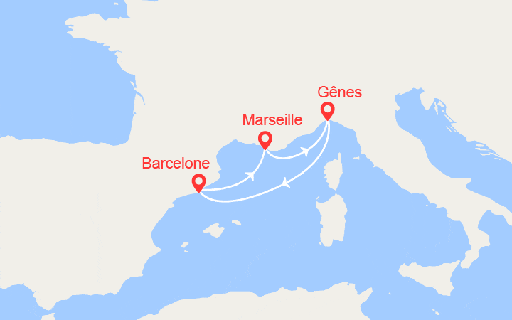 Carte itinéraire croisière Escapade en Méditerranée : Provence, Italie, Espagne