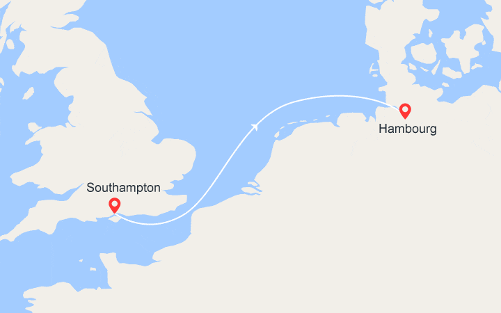 Carte itinéraire croisière Escapade en mer : de Southampton à Hambourg