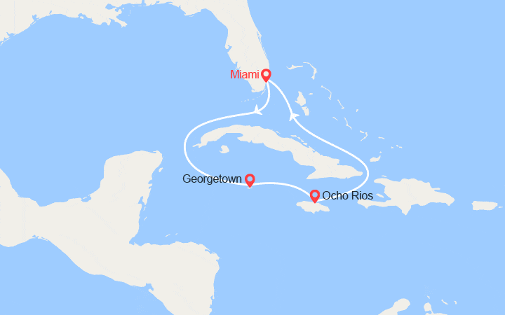 Carte itinéraire croisière Escapade : îles Caïmans, Jamaïque