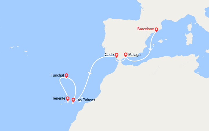Carte itinéraire croisière Espagne, Canaries, Madère