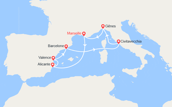 Carte itinéraire croisière Espagne et Italie