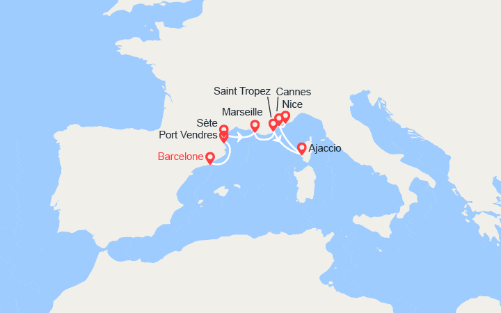 Carte itinéraire croisière Espagne, France