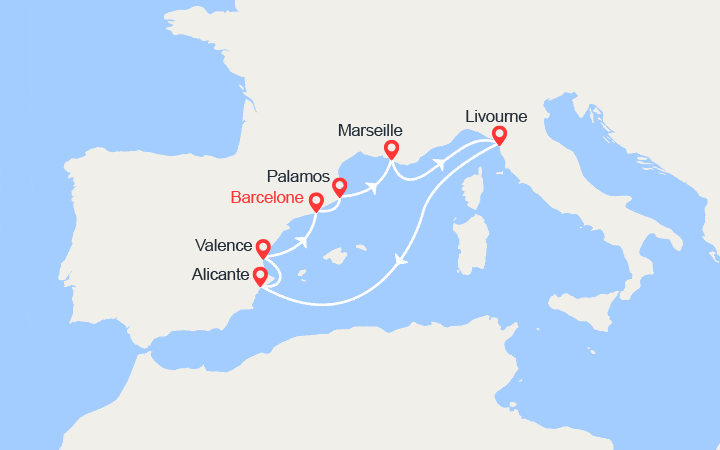 Carte itinéraire croisière Espagne, France