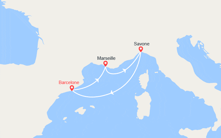 Carte itinéraire croisière Espagne, France, Italie