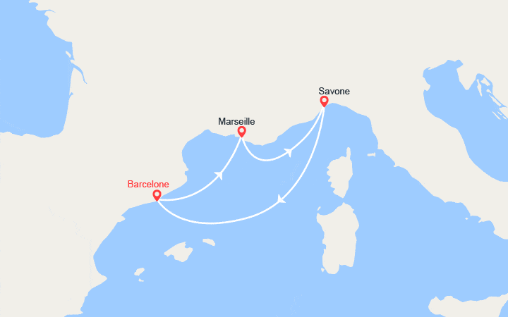 Carte itinéraire croisière Espagne, France, Italie