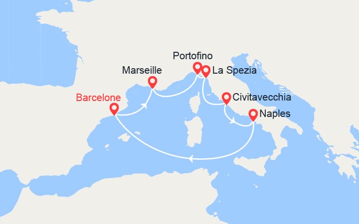 Carte itinéraire croisière Espagne, France, Italie