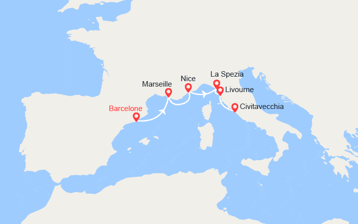 Carte itinéraire croisière Espagne, France, Italie