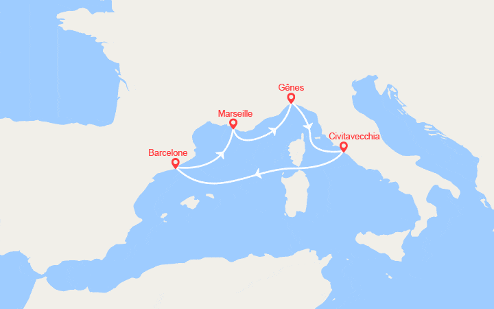 Carte itinéraire croisière Espagne, France, Italie