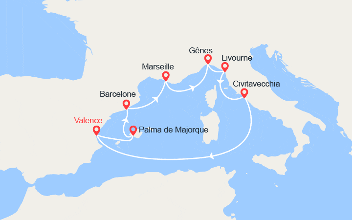 Carte itinéraire croisière Espagne, France, Italie